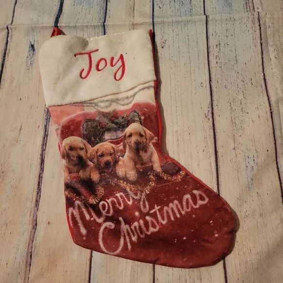 Joy Christmas Stocking Red White Puppy Labrador Dogs 18” - Picture 2 of 12